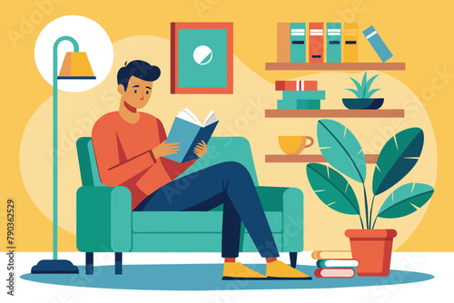 A man sitting in a chair, engrossed in reading a book, A man read a books all the time at home, Simple and minimalist flat Vector Illustration
