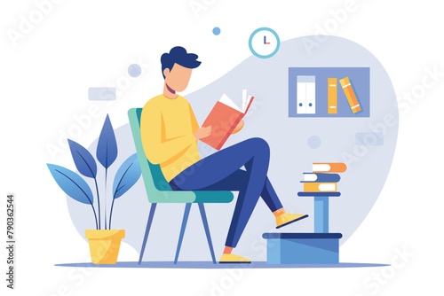 A man seated in a chair, engrossed in reading a book, a man reading a book, sitting on a chair, Simple and minimalist flat Vector Illustration