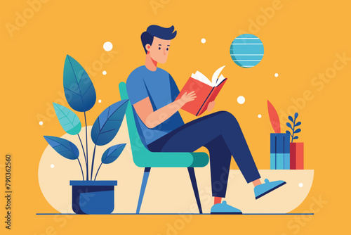 A man seated in a chair engrossed in reading a book, a man reading a book, sitting on a chair, Simple and minimalist flat Vector Illustration