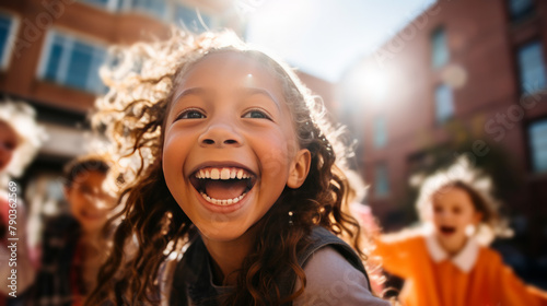 Happy young girl with curly hair laughs against backdrop of school buildings with sun shining behind her. World Smile Day. Joy of learning. Back to school excitement. Success and education linkage