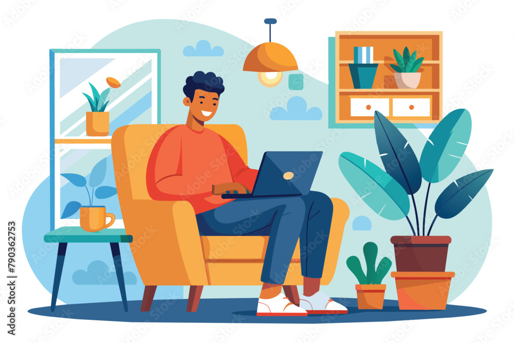 A man sitting in a chair, focused on his laptop screen while working from home, A man sitting on armchair and working from home, chatting with colleagues via laptop illustration A man sitting in a chair, focused on his laptop screen while working from home, A man sitting on armchair and working from home, chatting with colleagues via laptop illustration