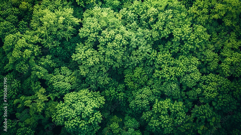 Naklejka premium Aerial top view of green trees in forest. Drone view of dense green tree captures CO2. Green tree nature background for carbon neutrality and net zero emissions concept.