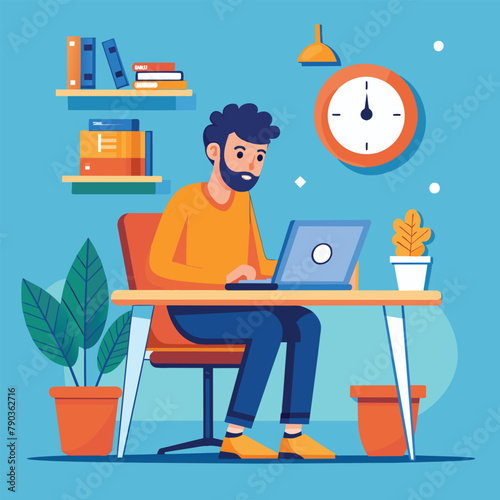 Man Working at Desk With Laptop, A man sitting at a desk with a laptop and a clock, Simple and minimalist flat Vector Illustration