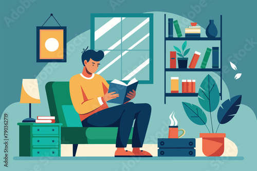 A man sitting in a chair in a living room, engrossed in reading a book, A man sitting in the living room reading a book, Simple and minimalist flat Vector Illustration