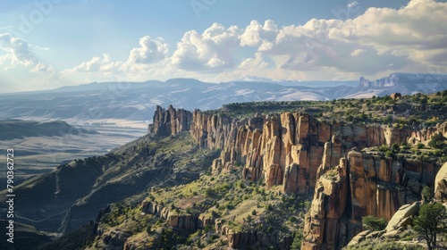 Rocky mountain vista: Jagged cliffs rise dramatically against the backdrop of a deep blue sky, creating a rugged and majestic landscape.