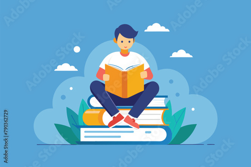 A man seated on a pile of books engrossed in reading a book, A man sitting on a book is reading, Simple and minimalist flat Vector Illustration