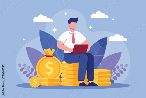 A man seated atop a mound of shiny gold coins, holding a bag of money, a man sitting on a stack of coins with a bag of money in the background, Simple and minimalist flat Vector Illustration