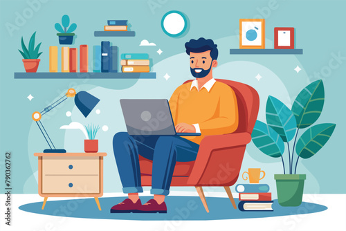 A man is seated in a chair, working on his laptop, A man sitting on armchair and working from home, chatting with colleagues via laptop illustration