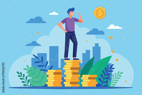 A man confidently stands on a large stack of gleaming gold coins, a man standing on top of a stack of coins, Simple and minimalist flat Vector Illustration