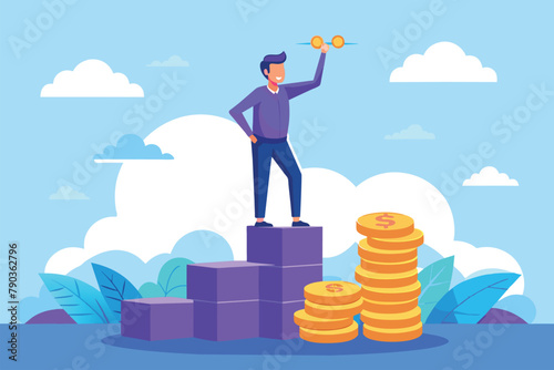 A man standing on a towering pile of gold coins, a man standing on top of a stack of coins, Simple and minimalist flat Vector Illustration