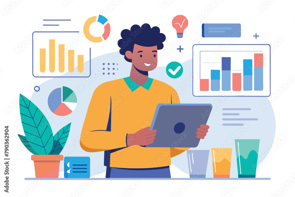 Man Analyzing Infographics on Tablet, a man with a tablet analyzes infographics, diagrams bar charts reports, Simple and minimalist flat Vector Illustration Man Analyzing Infographics on Tablet, a man with a tablet analyzes infographics, diagrams bar charts reports, Simple and minimalist flat Vector Illustration