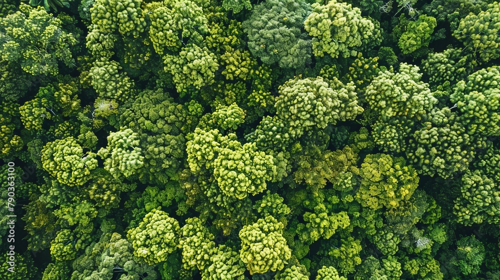 Aerial top view of green trees in forest. Drone view of dense green tree captures CO2. Green tree nature background for carbon neutrality and net zero emissions concept.