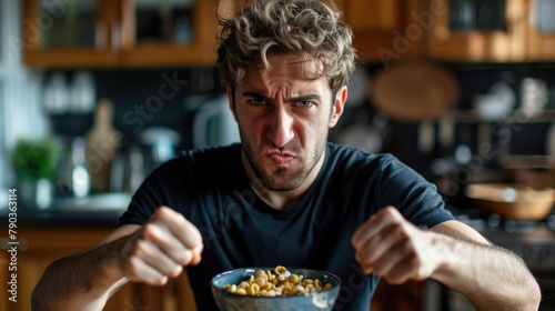 Caucasian man displaying aggressive stance with fist in front of camera while holding a bowl of cereal