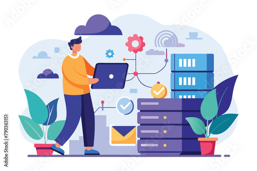 A man is seated in a room working on a laptop, surrounded by multiple stacks of data, a men back up data to the cloud, Simple and minimalist flat Vector Illustration