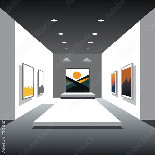 White-walled room with artworks hanging on the walls, fill the earth with tap water, Simple and minimalist flat Vector Illustration