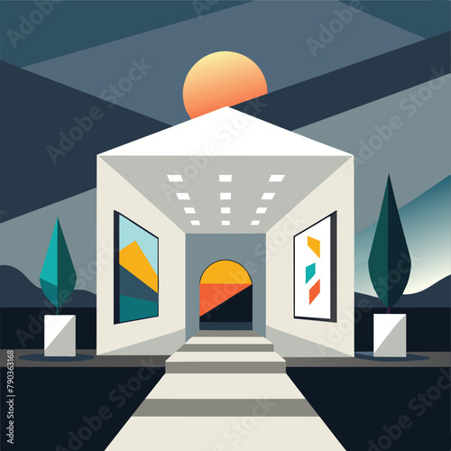 Minimalist art gallery entrance with white walls and doors, leading into the building, fill the earth with tap water, Simple and minimalist flat Vector Illustration