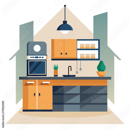 A kitchen featuring a sleek oven, microwave, sink, and cabinets, Working with computer screen, Simple and minimalist flat Vector Illustration