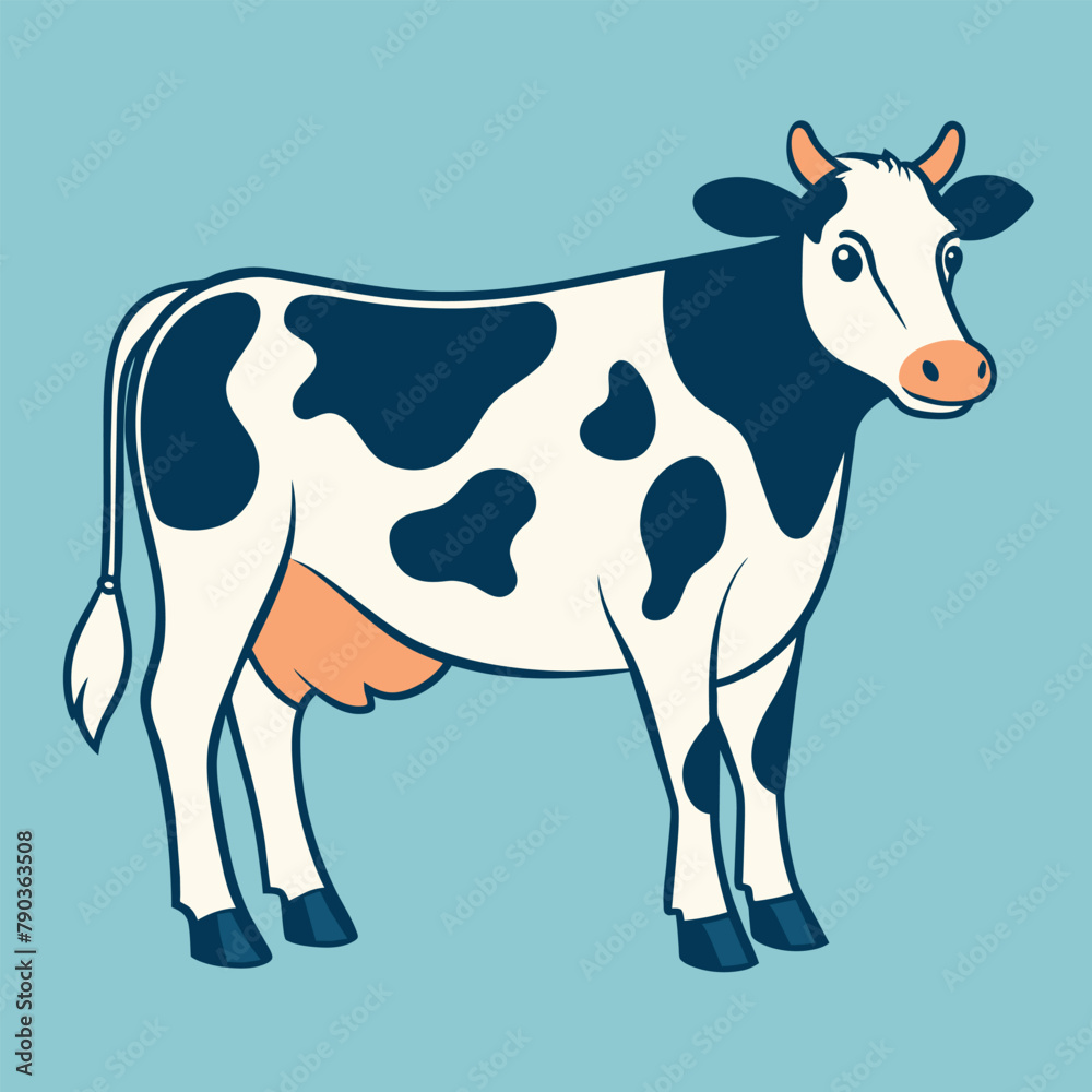 Black and White Cow Standing on Blue Background, A simple and elegant vector drawing of a dairy cow, with clean lines and a touch of nostalgia, Simple and minimalist flat Vector Illustration