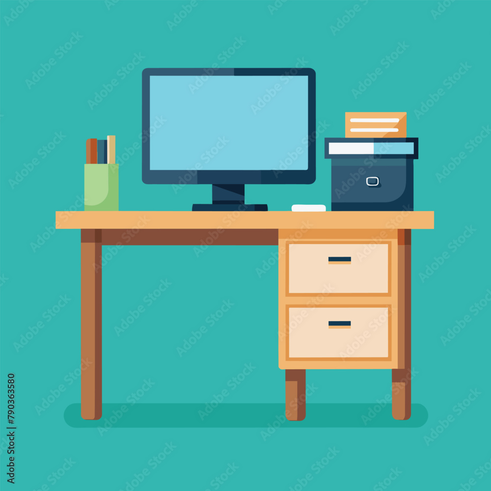 A desk displaying a modern computer monitor and several books neatly arranged on its surface, A sleek desk with a modern computer monitor and keyboard, Simple and minimalist flat Vector Illustration A desk displaying a modern computer monitor and several books neatly arranged on its surface, A sleek desk with a modern computer monitor and keyboard, Simple and minimalist flat Vector Illustration