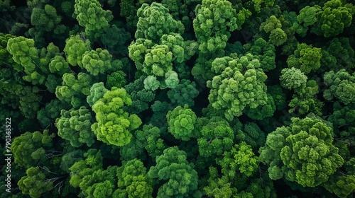 Aerial top view of green trees in forest. Drone view of dense green tree captures CO2. Green tree nature background for carbon neutrality and net zero emissions concept.