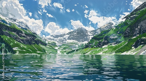 A painting of a green mountain range with snow-capped peaks, reflected in a lake. The sky is blue with white clouds.