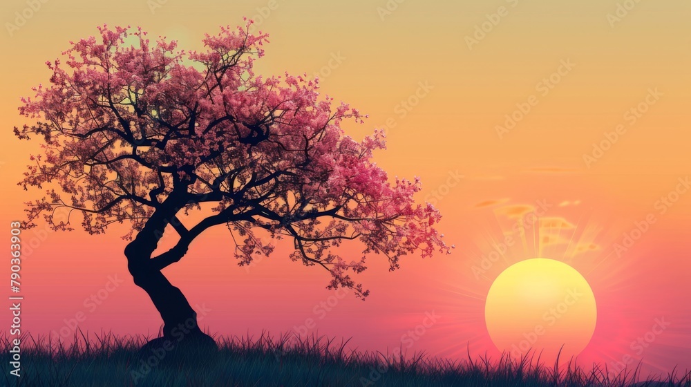 Sakura silhouette: The graceful silhouette of a cherry tree is highlighted against the colorful hues of a setting sun, a symbol of fleeting beauty. Sakura silhouette: The graceful silhouette of a cherry tree is highlighted against the colorful hues of a setting sun, a symbol of fleeting beauty.