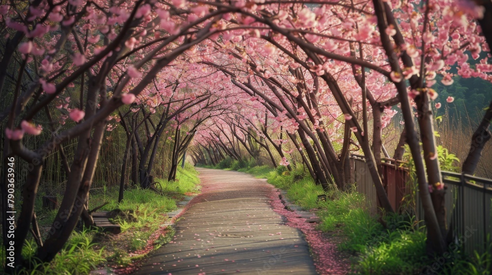 Sakura tunnel: A pathway is lined with arching branches of cherry blossoms in full bloom, forming a picturesque tunnel of pink petals. Sakura tunnel: A pathway is lined with arching branches of cherry blossoms in full bloom, forming a picturesque tunnel of pink petals.
