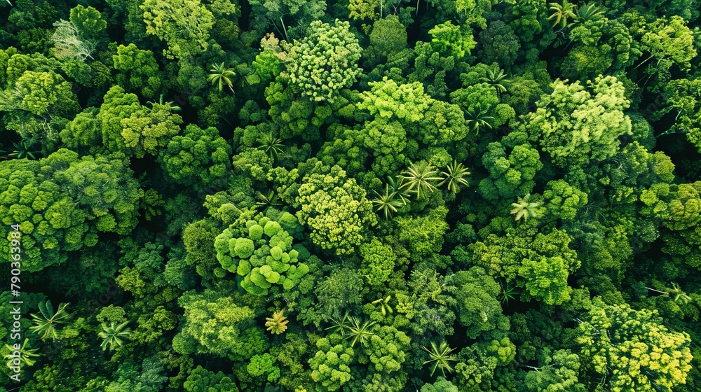 Aerial top view of green trees in forest. Drone view of dense green tree captures CO2. Green tree nature background for carbon neutrality and net zero emissions concept.