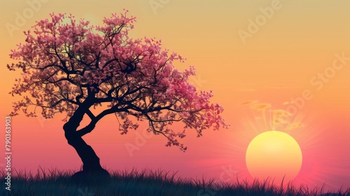 Sakura silhouette: The graceful silhouette of a cherry tree is highlighted against the colorful hues of a setting sun, a symbol of fleeting beauty.