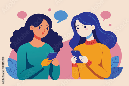 Two women standing beside each other, engaged in conversation while looking at a phone, A woman date chatting to each other using phone, Simple and minimalist flat Vector Illustration