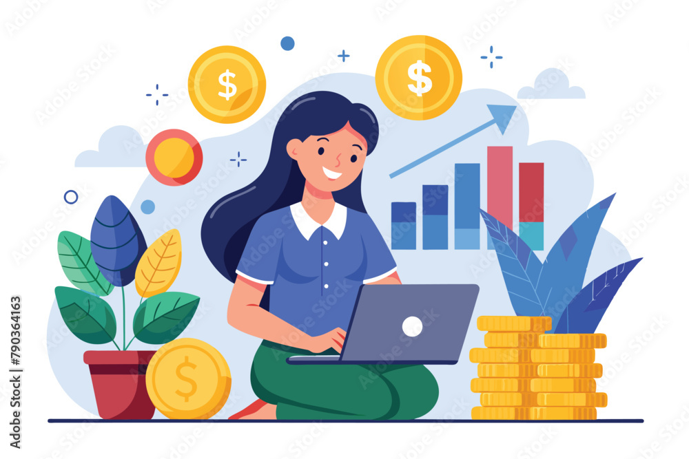A woman sits on a stack of coins, using a laptop for financial investment, a woman investing finances in a company, Simple and minimalist flat Vector Illustration A woman sits on a stack of coins, using a laptop for financial investment, a woman investing finances in a company, Simple and minimalist flat Vector Illustration