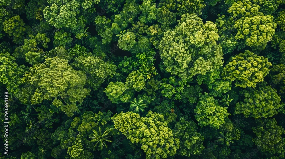 Naklejka premium Aerial top view of green trees in forest. Drone view of dense green tree captures CO2. Green tree nature background for carbon neutrality and net zero emissions concept.