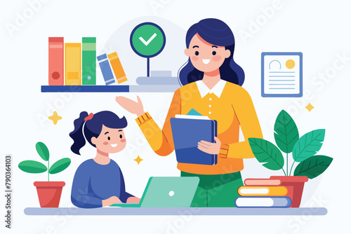 A woman is standing next to a child who is using a laptop for home education or training courses, a woman home education training courses, Simple and minimalist flat Vector Illustration