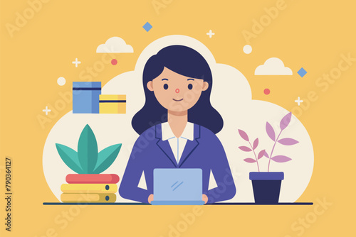 A businesswoman sitting at a desk, focused on her laptop, a woman in the process of doing business, Simple and minimalist flat Vector Illustration