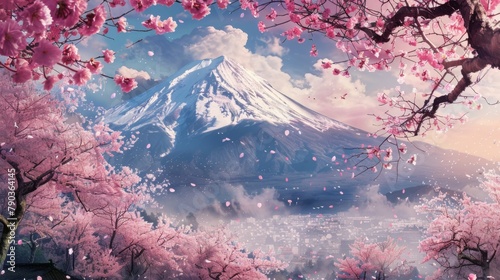 Sakura with Mount Fuji  The iconic silhouette of Mount Fuji rises majestically behind a landscape dotted with cherry blossoms in full bloom.