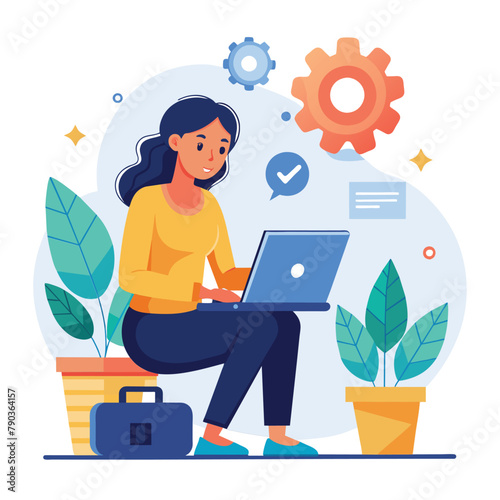 A woman sitting on a table, using a laptop to install software, man with laptop installing software update, Simple and minimalist flat Vector Illustration