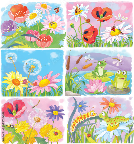 Small set of flowers and insects. Coloring page. Illustration for children. Cute and funny cartoon characters