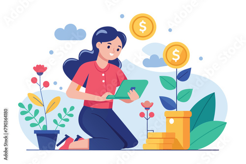 A woman sitting on a pile of money, engrossed in reading a book, a woman invests money for business capital, Simple and minimalist flat Vector Illustration