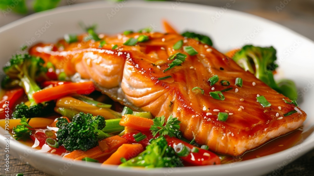Salmon teriyaki stir-fry: Tender pieces of salmon are stir-fried with colorful vegetables and glazed with savory teriyaki sauce.