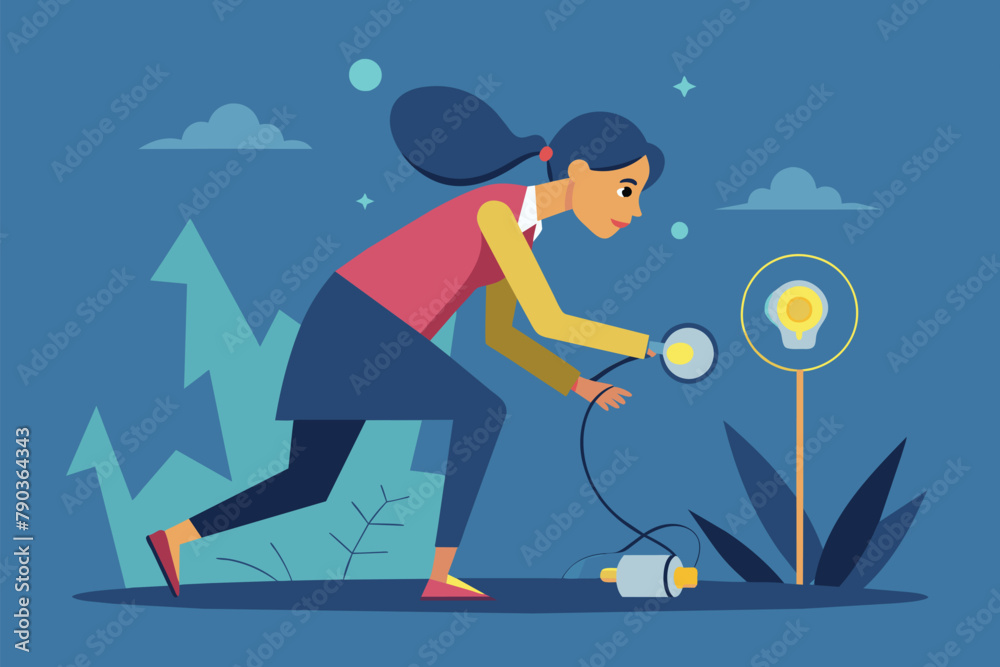 A woman running while holding a flashlight in her hand, a woman needs a power source, Simple and minimalist flat Vector Illustration
