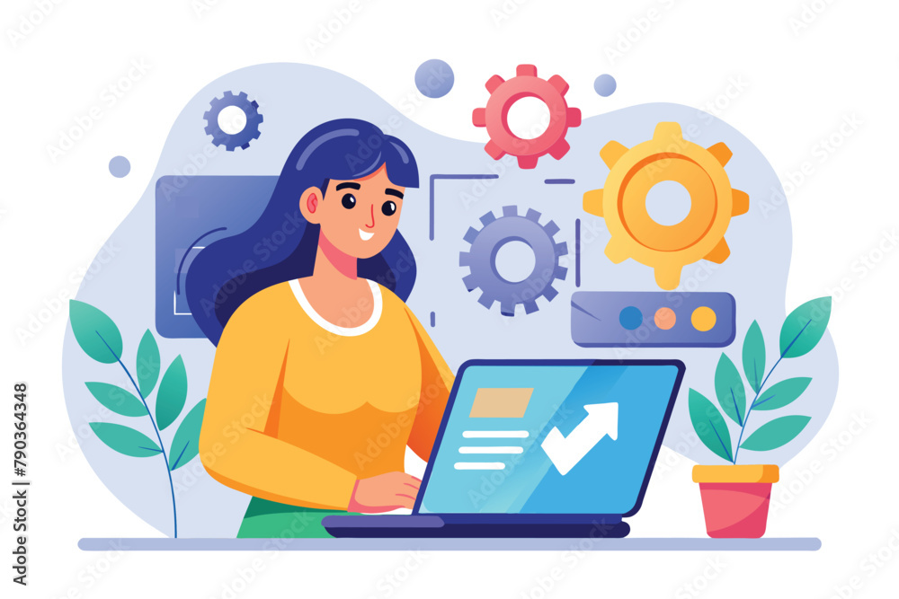 Woman Installing Software Update on Laptop, a woman performs a software installation update on a laptop, Simple and minimalist flat Vector Illustration Woman Installing Software Update on Laptop, a woman performs a software installation update on a laptop, Simple and minimalist flat Vector Illustration