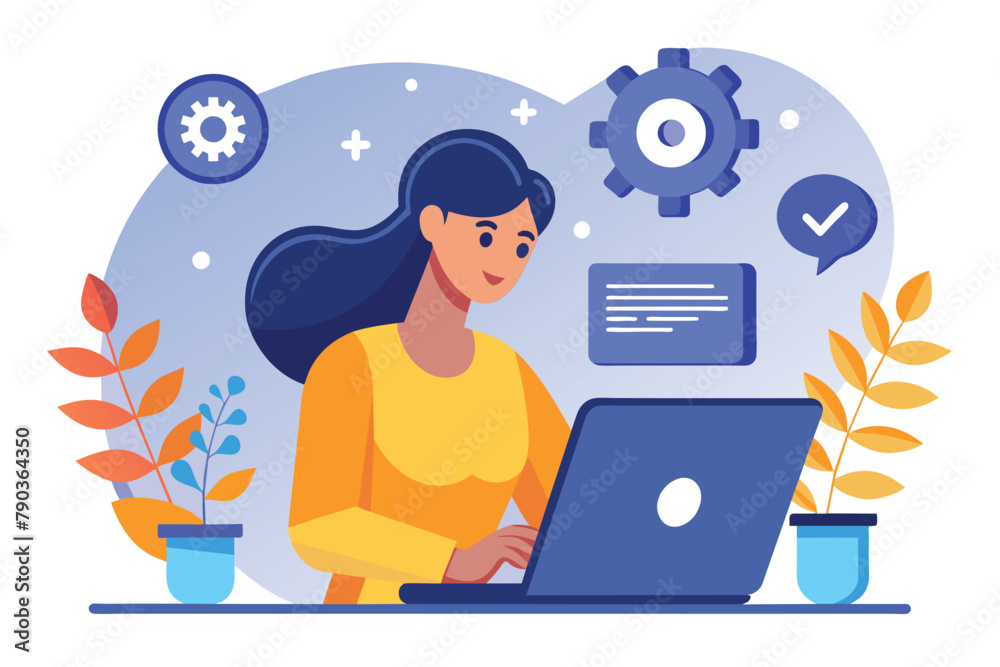 A woman sits in front of a laptop computer working on a software installation update, a woman performs a software installation update on a laptop, Simple and minimalist flat Vector Illustration A woman sits in front of a laptop computer working on a software installation update, a woman performs a software installation update on a laptop, Simple and minimalist flat Vector Illustration