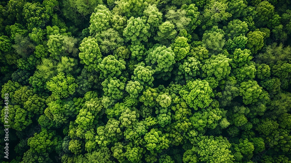 Aerial top view of green trees in forest. Drone view of dense green tree captures CO2. Green tree nature background for carbon neutrality and net zero emissions concept.