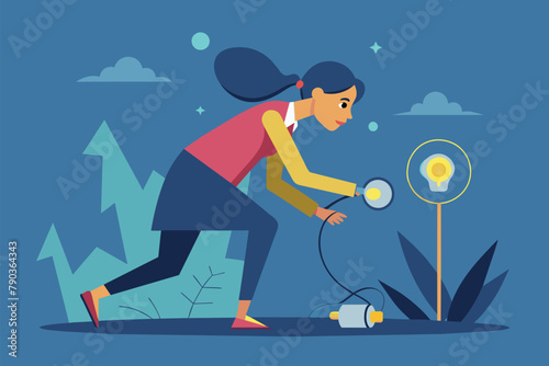 A woman running while holding a flashlight in her hand  a woman needs a power source  Simple and minimalist flat Vector Illustration