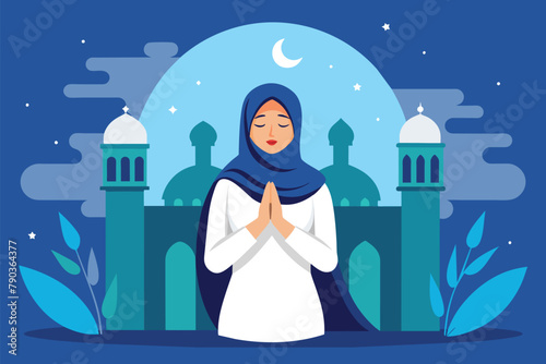 A woman wearing a hijab stands in front of a building, possibly during a religious event, A woman praying at ramadan, Eid al fitr moment Illustration Simple and minimalist flat Vector Illustration