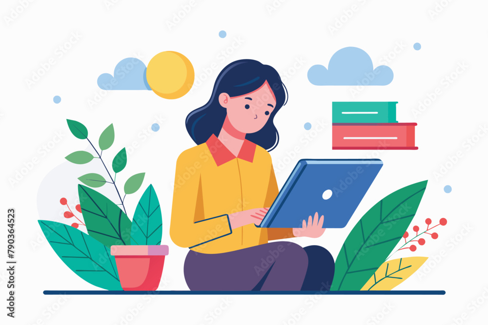 Woman sits on ground, reading user manual on laptop, A woman reading the user manual using a laptop trending, Simple and minimalist flat Vector Illustration Woman sits on ground, reading user manual on laptop, A woman reading the user manual using a laptop trending, Simple and minimalist flat Vector Illustration