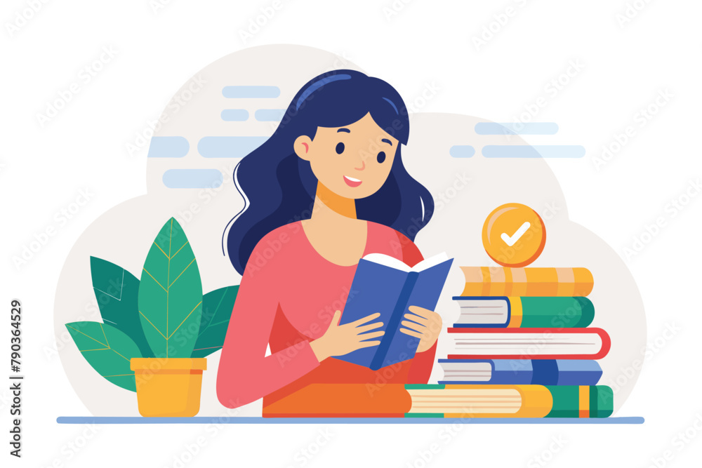 A woman sitting and reading a book while next to a stack of books, A woman reading with a stack of books, Simple and minimalist flat Vector Illustration A woman sitting and reading a book while next to a stack of books, A woman reading with a stack of books, Simple and minimalist flat Vector Illustration