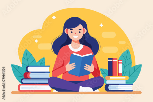 A woman sitting on the floor engrossed in reading a book with a stack of books beside her, A woman reading with a stack of books, Simple and minimalist flat Vector Illustration