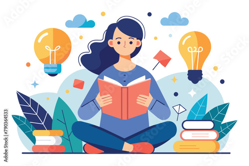 A woman sitting on the floor, engrossed in reading a book to find innovations and ideas, A woman reads books to find innovations and ideas, Simple and minimalist flat Vector Illustration
