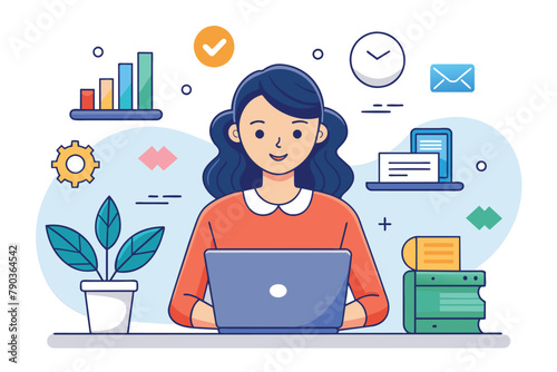 A woman sitting at a desk, focused on her laptop screen, in a workspace setting, A woman runs an online business, Simple and minimalist flat Vector Illustration
